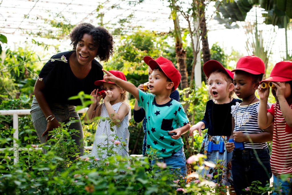 Children examining plants in a greenhouse