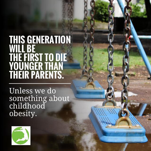 Image of playground with warning about childhood obesity