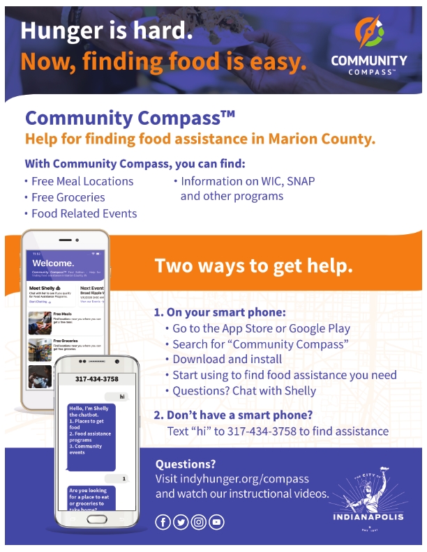 Flyer promoting Community Compass, the app for help finding food assistance in Marion County