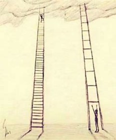 Illustration of two ladders side by side, with close rungs and far rungs - the person climbing the closer rungs has progressed farther.